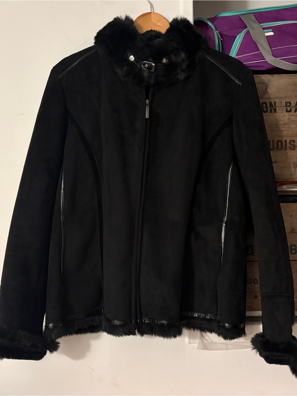 Parkhurst Black Faux Fur Trim Penny Lane Faux Suede Jacket Size Extra Large